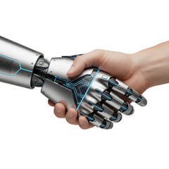 Futuristic handshake symbolizes collaboration between humans and AI, showcasing innovation and partnership in the digital age, new technology integration