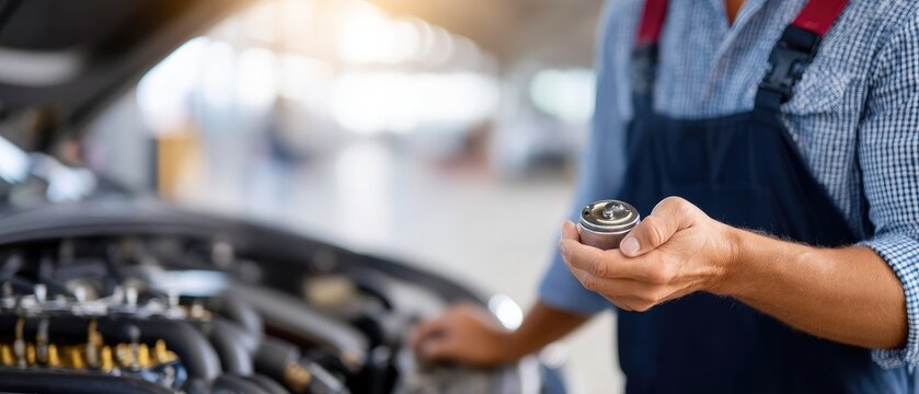 Car mechanic holds battery while repairing engine, illustrating importance of maintenance at auto service center - Powered by Adobe