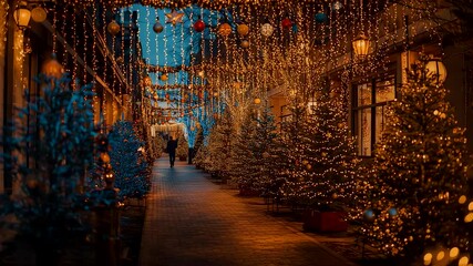 Magical Christmas street decorated with glowing lights and rows of snowy Christmas trees at night warm atmosphere - Powered by Adobe