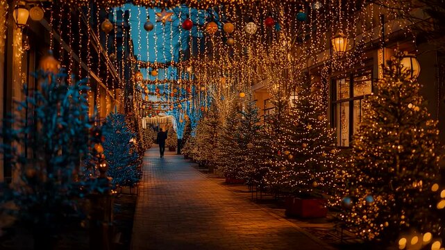 Magical Christmas street decorated with glowing lights and rows of snowy Christmas trees at night warm atmosphere