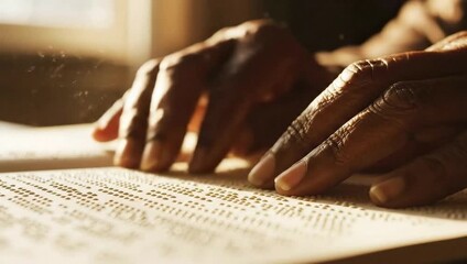 Hands Reading Braille Book in Soft Sunlight, Close-Up of Fingers Exploring Raised Dots, Warm Natural Lighting, Accessibility and Inclusive Learning Concept