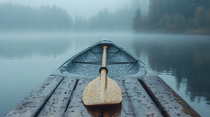 Canoe with paddle on foggy lake water