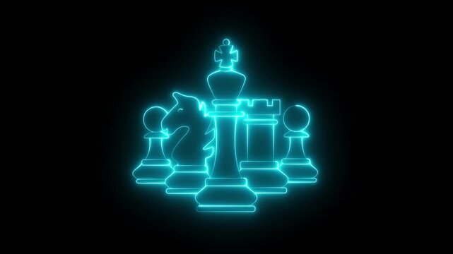 Glowing neon chess pieces icon isolated on black background. chess game icon animation. Chess pieces icon. King, queen, bishop, pawn, horse, knight, rook icons. chess game. chess icon for web design.