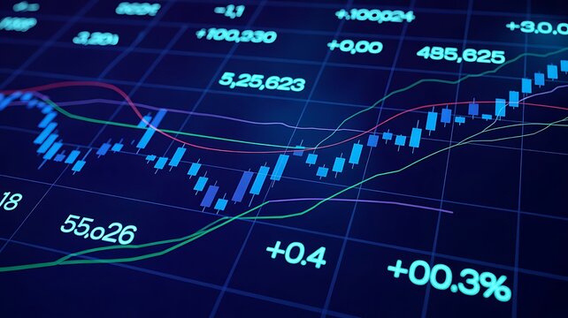 Perspective view of stock market growth, business investing and data concept with digital financial chart graphs, diagrams and indicators on dark blue blurry background