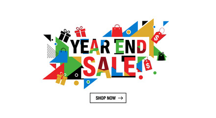 Dynamic Geometric Pattern Design Featuring a 'Year End Sale' Message with Shopping Bags and Gift Boxes