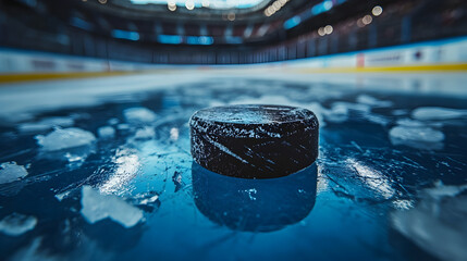 Ice hockey puck on rink close up