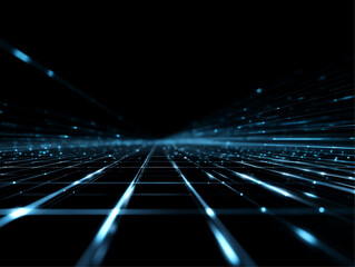 Futuristic glowing blue-white digital grid tunnel in deep black void, sci-fi cyberspace, with converging lines and volumetric light