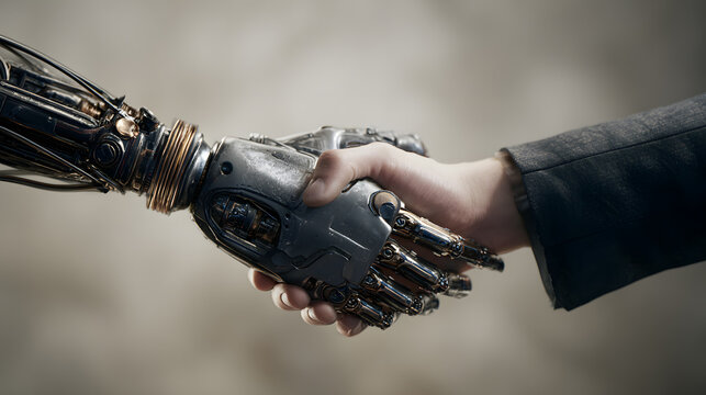 Robotic hand shaking human hand, trust and technology fusion, soft studio lighting, symbolic business concept.