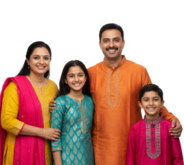 Family portrait showcasing vibrant traditional Indian clothing against a neutral setting