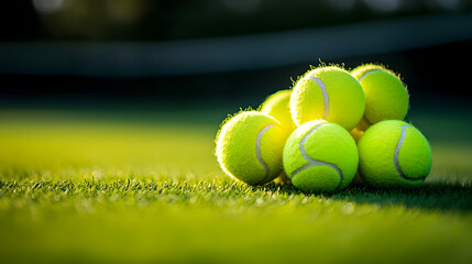 Tennis balls on green grass field outdoor