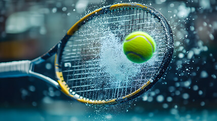 Tennis racket hitting ball with water splash