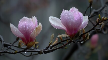 Fototapeta premium Two delicate pink and white blossoms covered in numerous water droplets rest upon dark, wet branches.