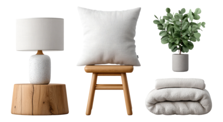 Modern Decorative Elements with Lamp, Cushion, Plant, Stool and Blanket on Transparent Background