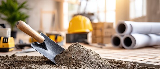 Close-up of trowel with cement on floor beside unfinished wall, showcasing construction tools and materials in warm daylight setting