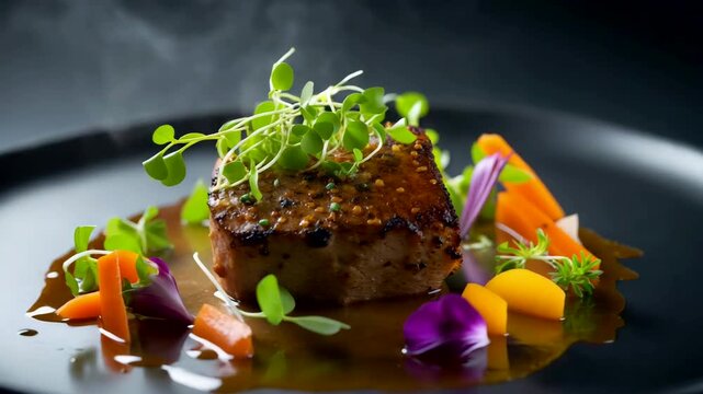 Gourmet plated meat dish with vegetables and microgreens served on dark ceramic plate