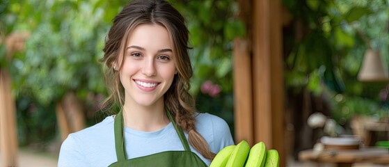 Happy woman farmer enjoys harvesting fresh green bananas in a lush plantation on a bright sunny day, celebrating farm life and hard work outdoors