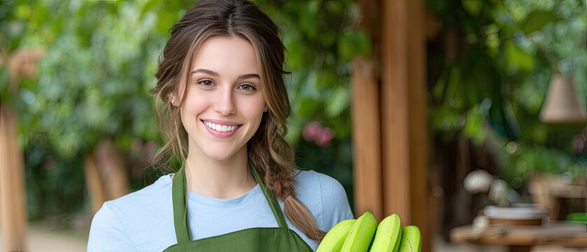 Happy woman farmer enjoys harvesting fresh green bananas in a lush plantation on a bright sunny day, celebrating farm life and hard work outdoors
