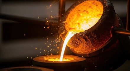 Molten metal being poured from a crucible in a foundry, with sparks flying