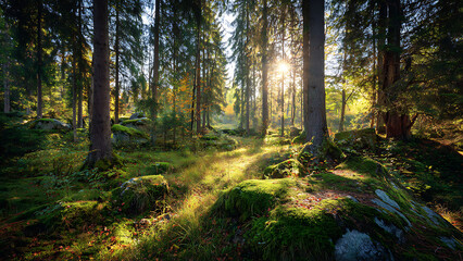 Obraz premium Ethereal Sunbeams Streaming Through a Mossy, Enchanted Autumn Forest