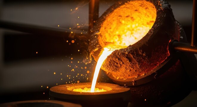 Molten metal being poured from a crucible in a foundry, with sparks flying
