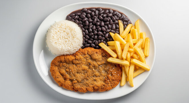 Delicious Plate of Brazilian Prato Feito with Breaded Steak, Rice, Black Beans, and French Fries