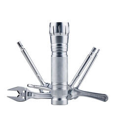 Multitool flashlight with integrated wrench screwdriver bits and pliers isolated on a stark black background showcasing its silver metallic construction and intricate design details