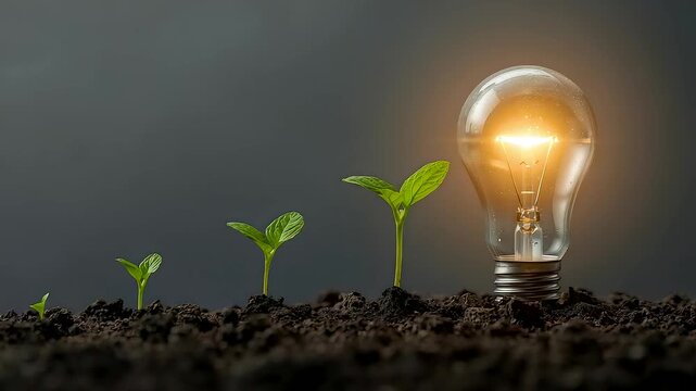 Glowing light bulb rising from soil beside row of growing green plant sprouts on dark background energy idea