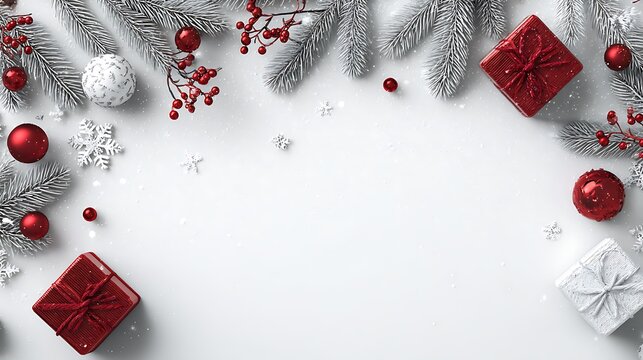 Christmas border with snow covered pine branches red ornaments and gifts