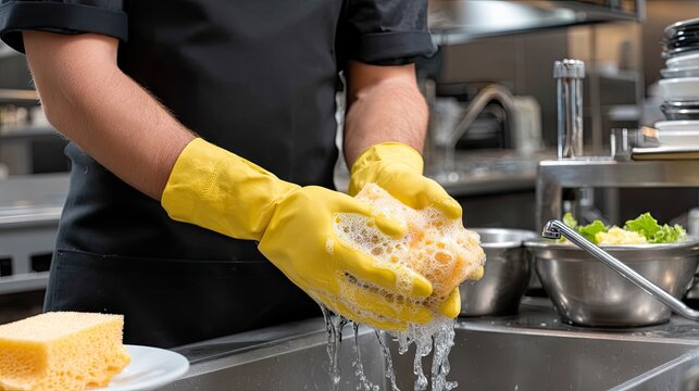 Hands of a food industry worker washing under running water in a kitchen sink, showcasing hygiene and cleanliness for a restaurant concept