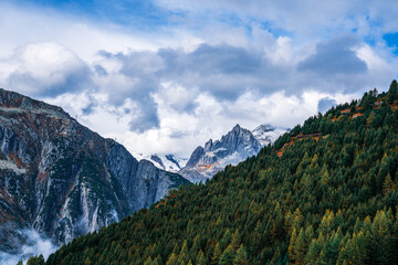 Panoramic view of the Swiss Alps near the municipality of Andermatt in autumn.