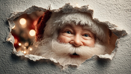 Santa Claus peeks through wall with joyful smile and bright eyes. Cozy indoor setting with twinkling lights in background. Concept of holiday spirit, Christmas decorations, gift giving