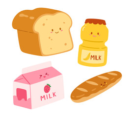 Vector illustration of bread and milk. Bakery dessert, banana and strawberry milk for prints and stickers.