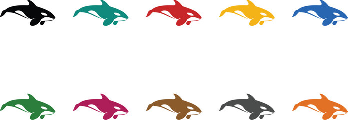 Colorful orca whale icons in leaping pose killer whale, Multicolor killer whale silhouettes jumping © jakircreativedesign