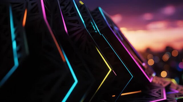 Geometric shapes glow with vibrant colors, reflecting the warm light of the sun during sunset. The shapes create an intriguing scene filled with vivid colors and captivating design