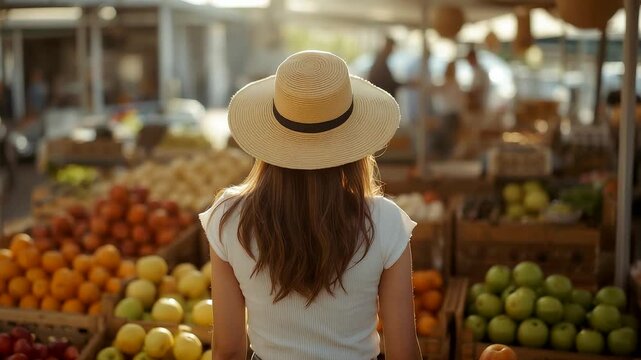Young woman in straw hat shopping for fresh fruits and vegetables at colorful outdoor farmers market sunny day