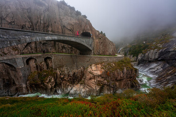View of the Devil's Bridge in the Alps near Andermatt in Switzerland.