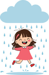 happy girl, cartoon child, cute character, rainy day, smiling kid, joyful girl, fun weather, playful child, adorable girl, vector art, cute drawing, fun moment, 
