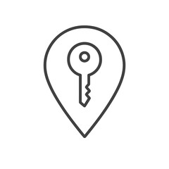 Thin line key icon inside teardrop pin, black vector symbol representing property access, rentals, and home ownership.