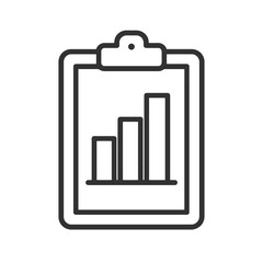 Thin line clipboard analytics icon, black vector symbol representing social policy evaluation, performance metrics, and public data analysis.