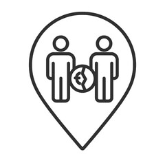 Thin line poverty symbol icon inside cloud pin, black vector representing economic vulnerability, social inequality, and welfare analysis.