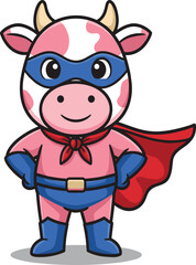 Cute pink and white cow dressed as a superhero, wearing a mask, cape, and boots, standing in a brave, confident pose, funny mascot.