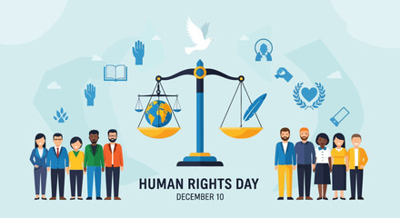 Celebrate Human Rights Day on December 10 with diverse people, promote global equality, and inspire change for a more just world, featuring scales, globe, and symbols of peace