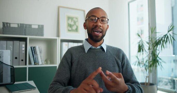 Video call, discussion and face of black man in office for planning finance review with budget. Online meeting, POV and portrait of African financial manager on virtual conversation for investment.