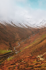 Panoramic view of the Furka mountain steam railway in Switzerland.
