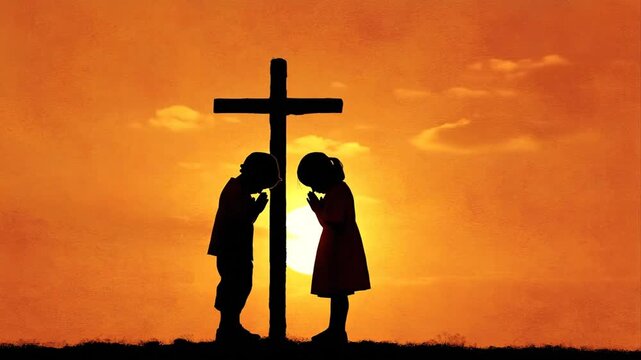 Silhouette of a boy and girl holding hands next to a christian cross. Concept of childhood faith, religious education and baptism for children.