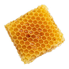 Natural Honeycomb Slice with Golden Honey Dripping Isolated on Transparent Background Close Up Macro Shot of Hexagonal Cells with Reflective Sheen