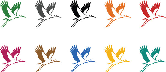 Obraz premium Stylized crane silhouettes in colorful variations, Multicolor crane icons collection