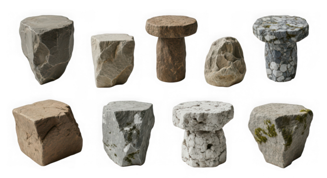 Collection of stone stools for garden decor