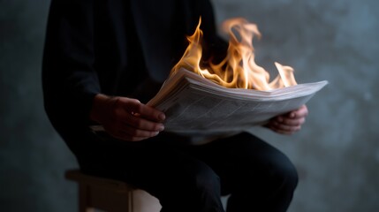 Symbolic, striking photograph of a person in black sitting and calmly reading a newspaper that is dramatically on fire, representing hot news, censorship, and media.