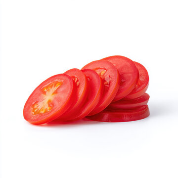 A stack of sliced ripe tomatoes, showcasing their juicy red flesh and seeds, presented cleanly on a white background for culinary use